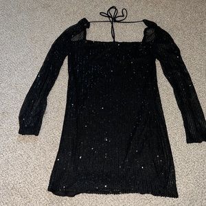 BLACK SPARKLY HOMECOMING/FORMAL LONG SLEEVE DRESS